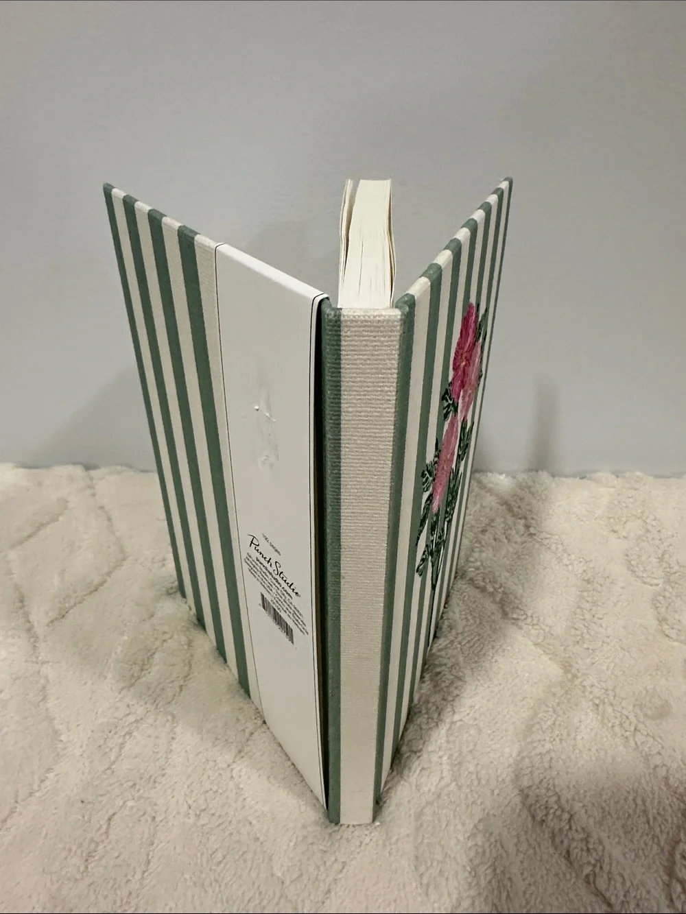 PS White Green Stripes Embroidered Pink Floral hard cover lined pages journal